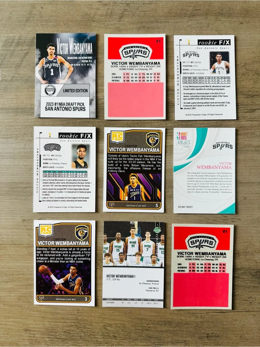 Victor Wembanyama Signed Rookie Lot of (9) Novelty Basketball Cards.